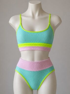 Pastel Neon Textured High-Waisted Bikini Set